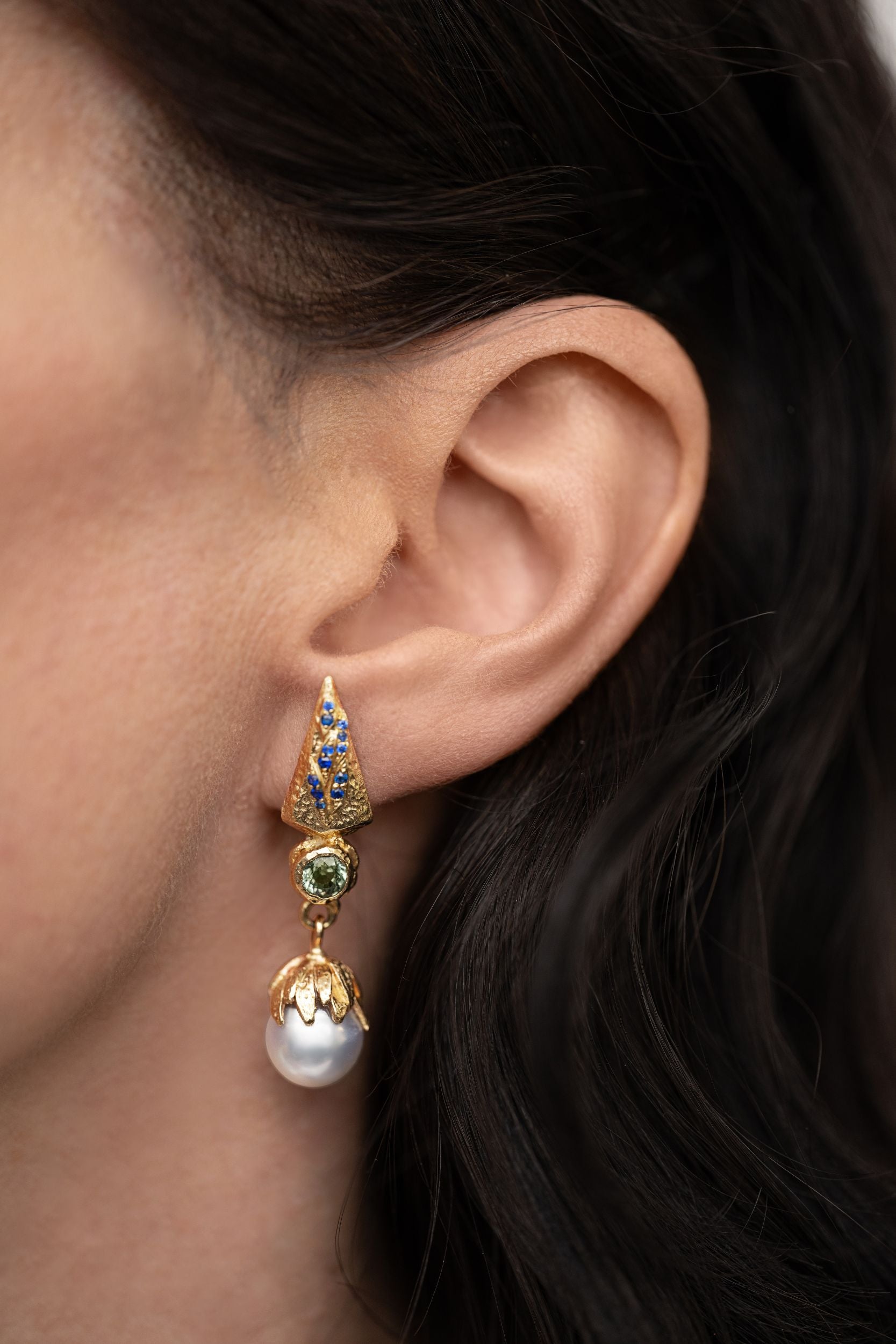 Lantern Leaf  South Sea Pearl Drop Earrings With Sapphires