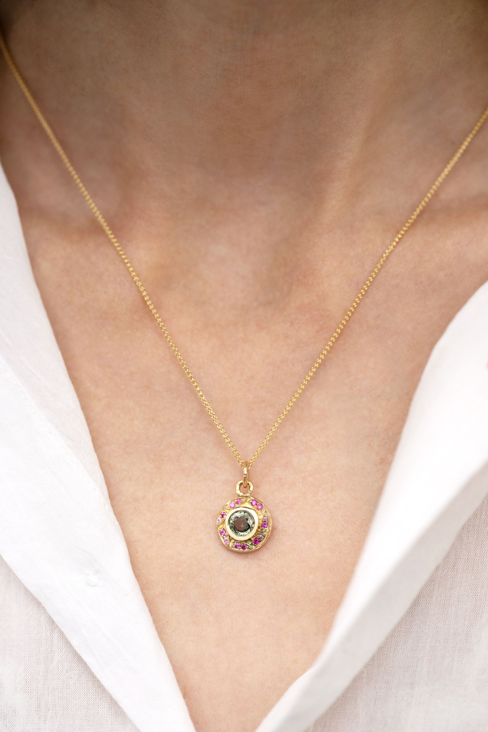 Sapphire Leaf Halo Pendant