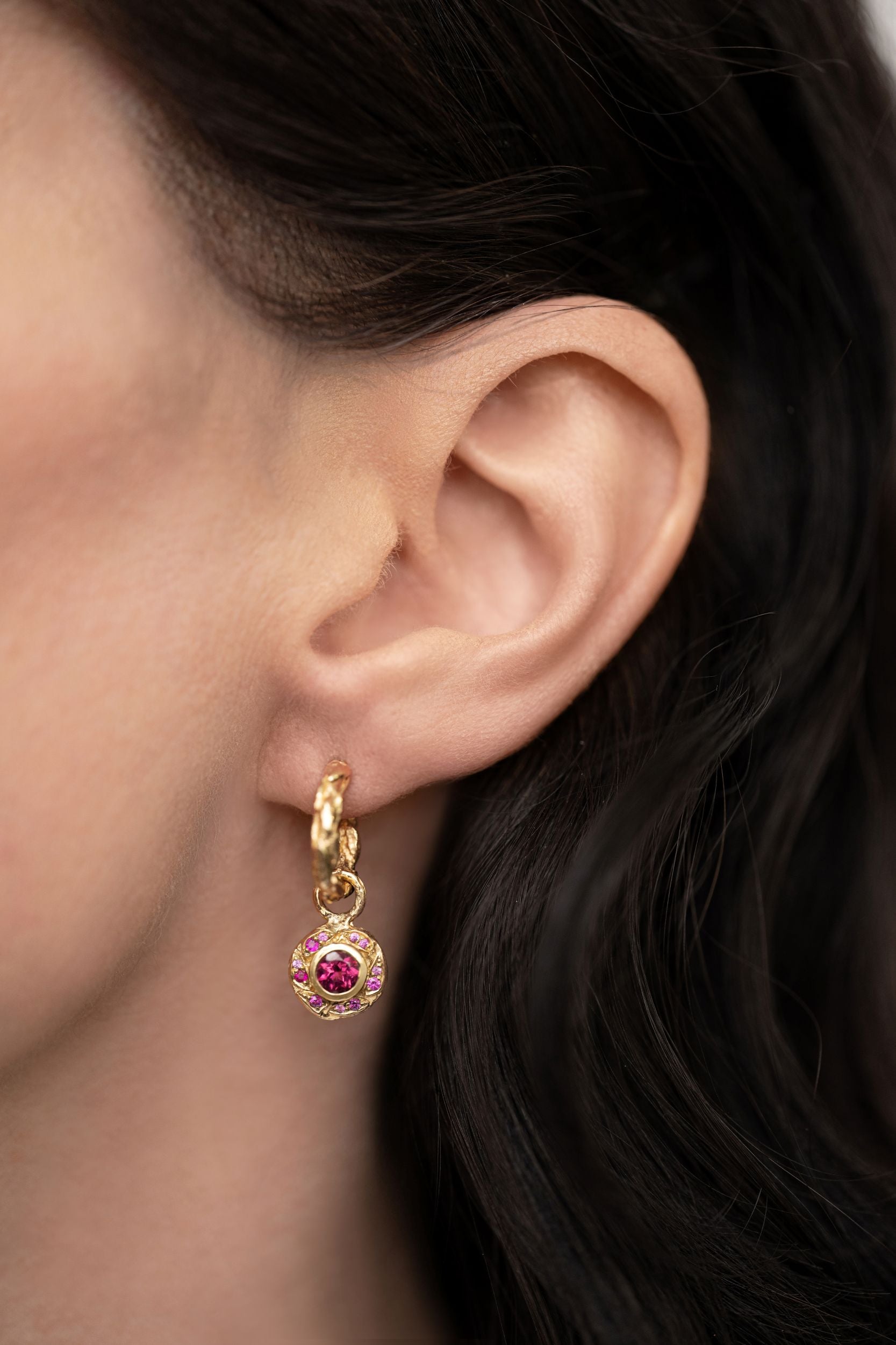 Pink Tourmaline Leaf Halo Hoop Earrings