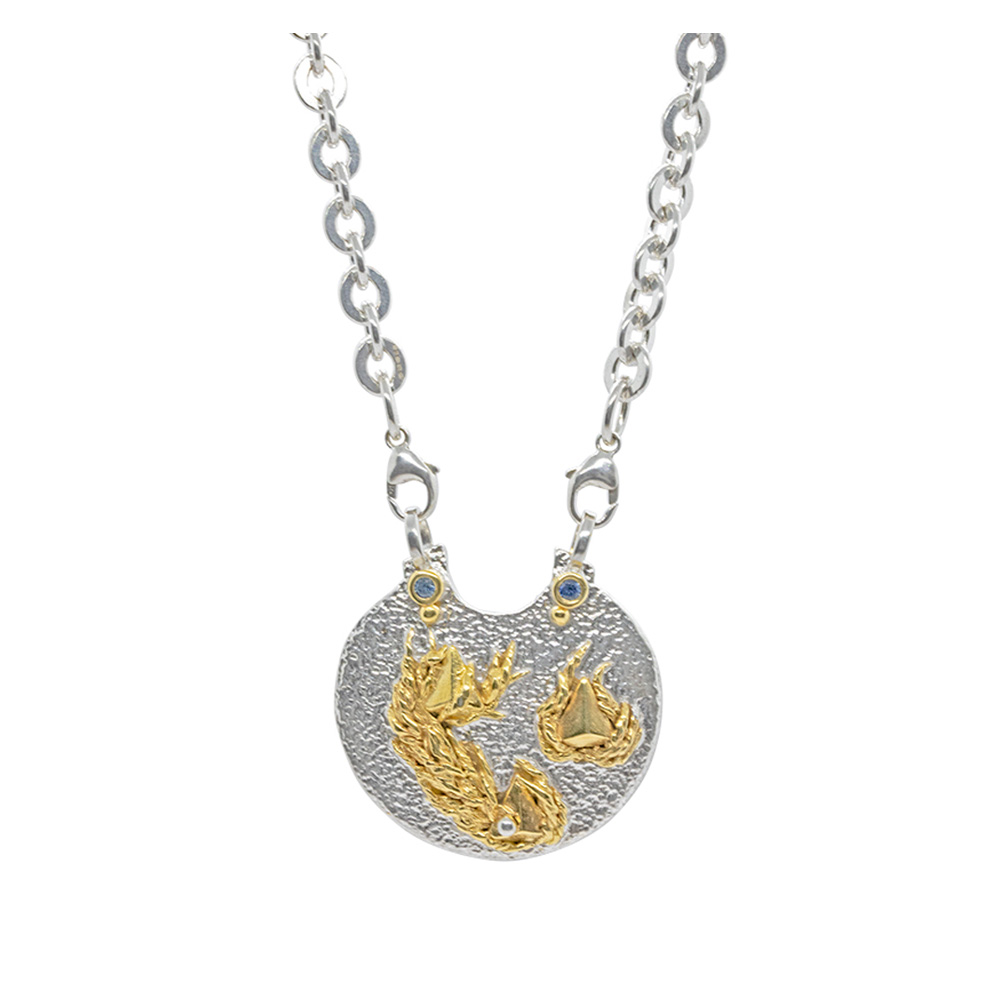 Trinity Medallion In Silver With Sapphires And Gold “Playa” Highlights
