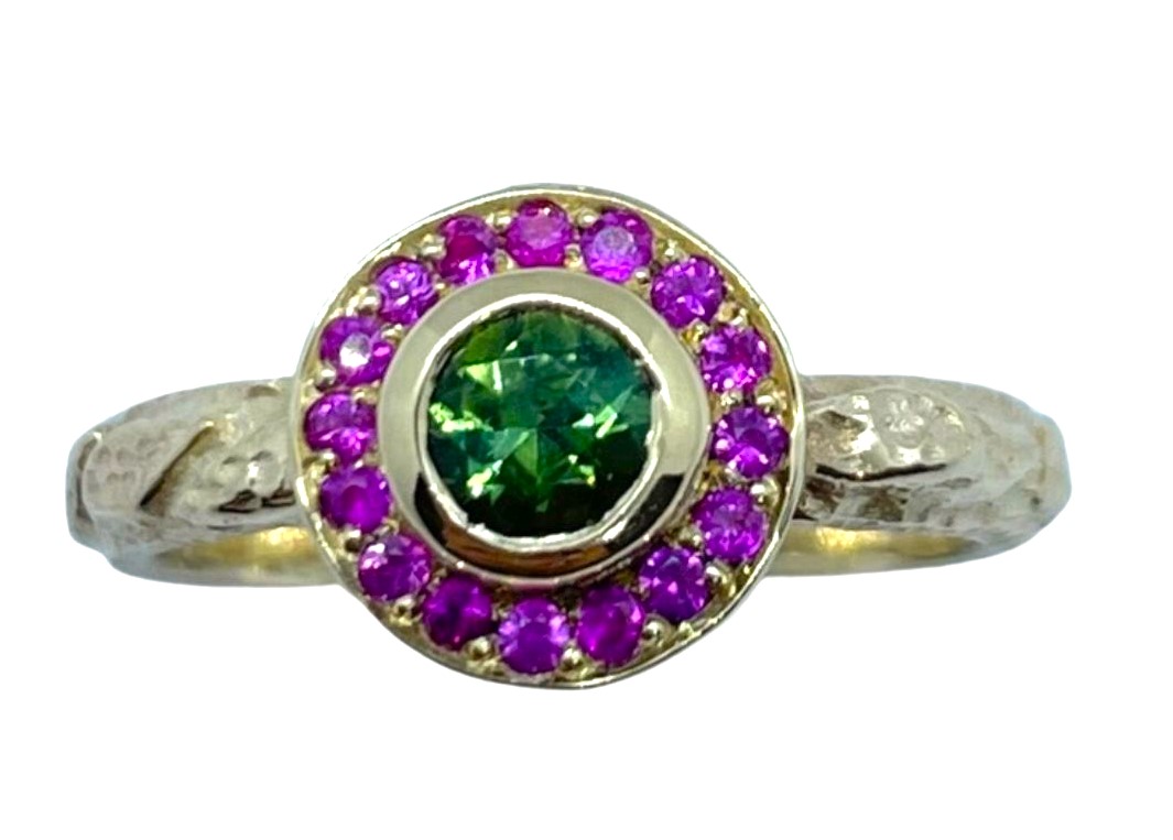 Micro Halo Sapphire Cluster Ring, Green & Pink