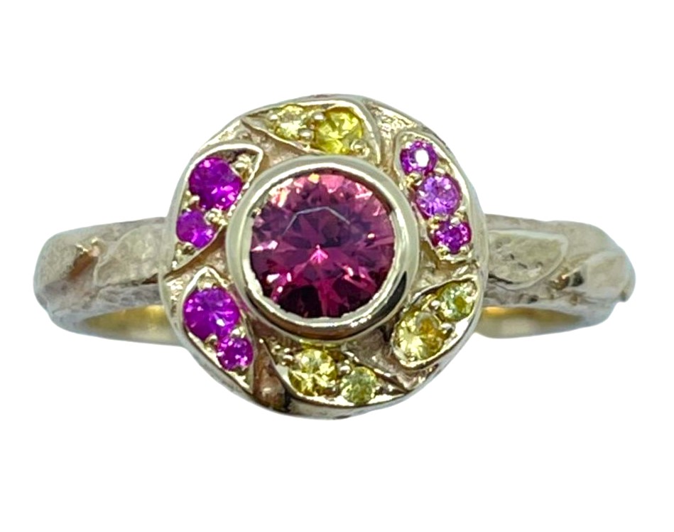 Micro Leaf Halo Tourmaline & Sapphire Cluster Ring In Pink & Yellow