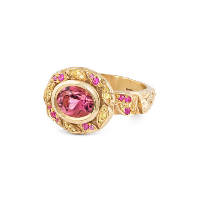 Saturn rising leaf halo-ring- 9ct gold pink tourmaline sapphire-side view-katherine alexandra brunacci jewellery